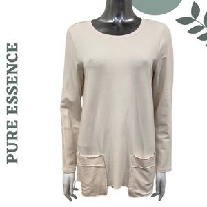 Pure Essence Bamboo Top Ivory Long Sleeve Front Pockets Size Medium NWT